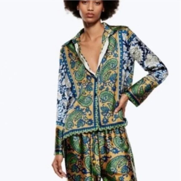 Zara Multicolor Paisley Print Green Tan Blue Flowy Blouse Women’s Size M - Picture 1 of 13